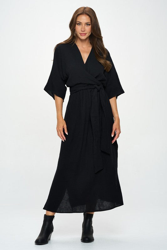 Solid Kimono Style Maxi Dress with Tie