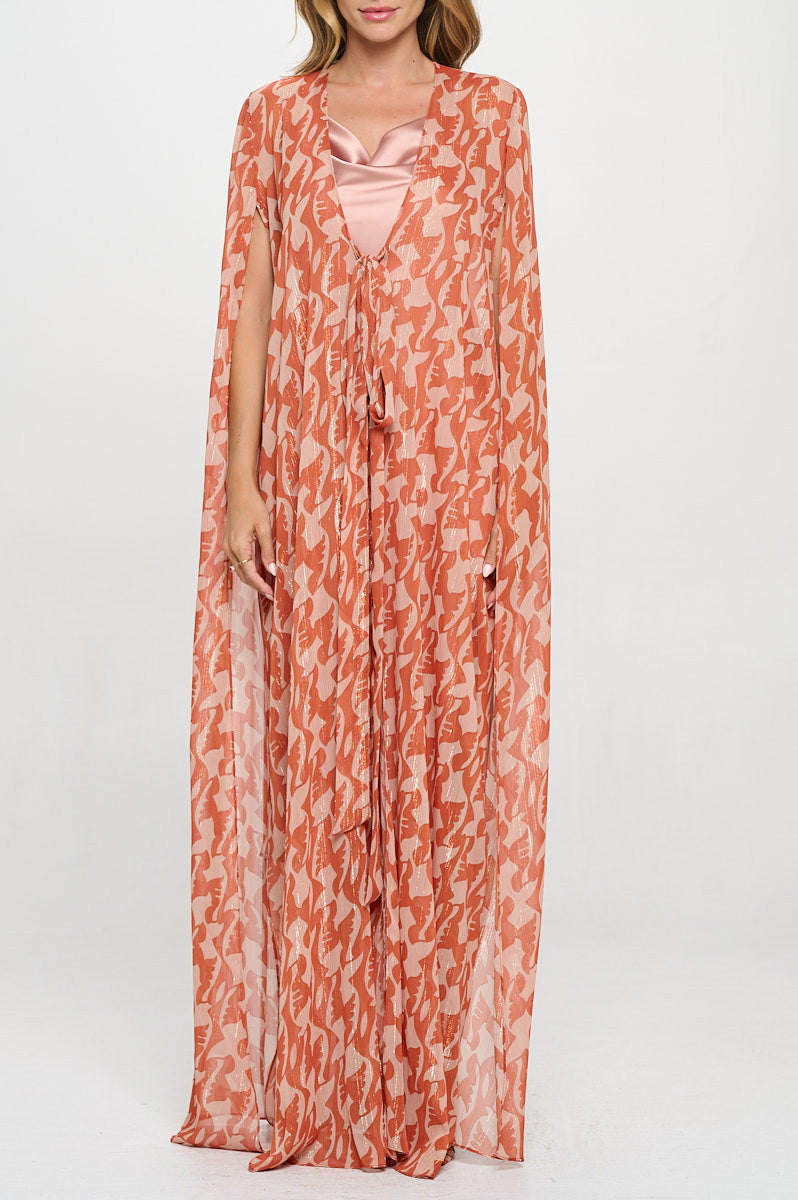 Print Sheer Draped Long Kimono Cardigan with Front Tie-1