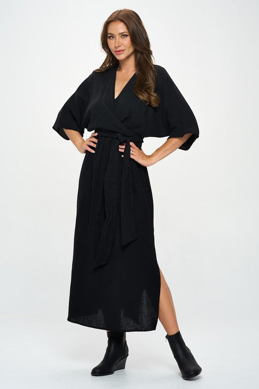 Solid Kimono Style Maxi Dress with Tie