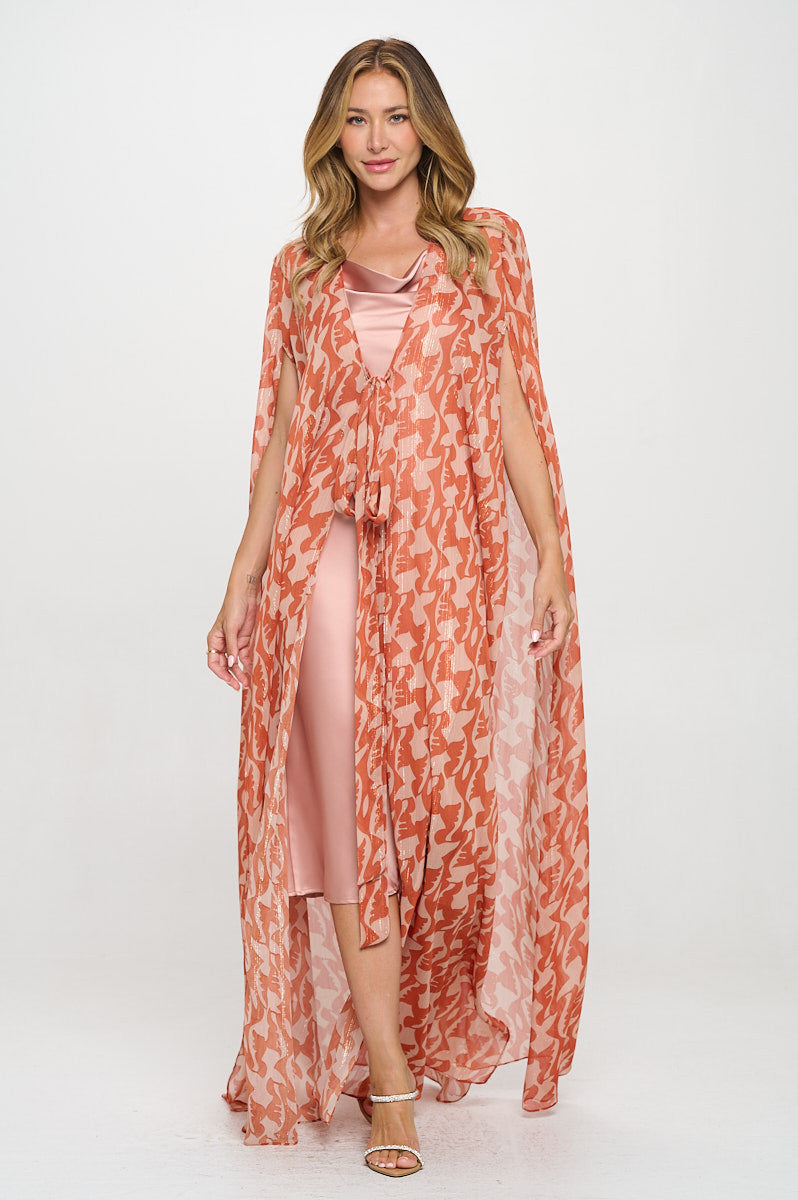 Print Sheer Draped Long Kimono Cardigan with Front Tie-4