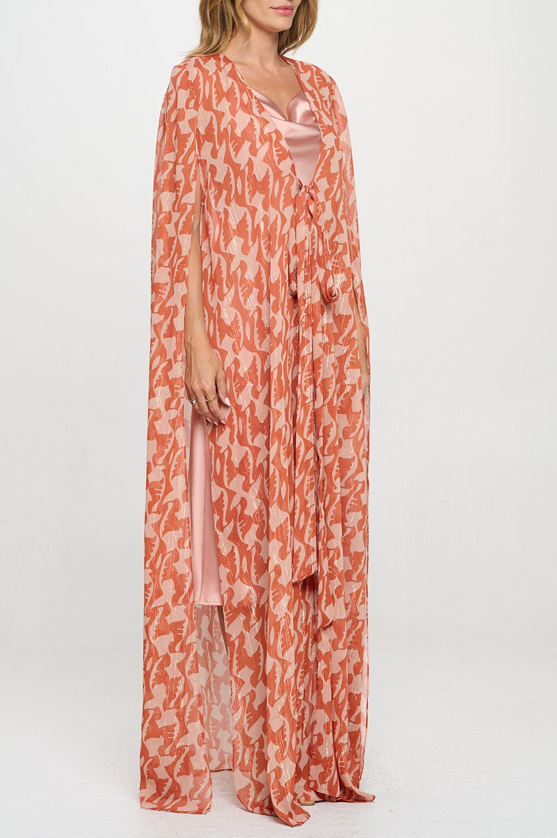 Print Sheer Draped Long Kimono Cardigan with Front Tie-2