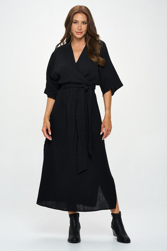 Solid Kimono Style Maxi Dress with Tie