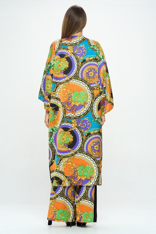 Stretch Satin Print Long Kimono Cardigan
