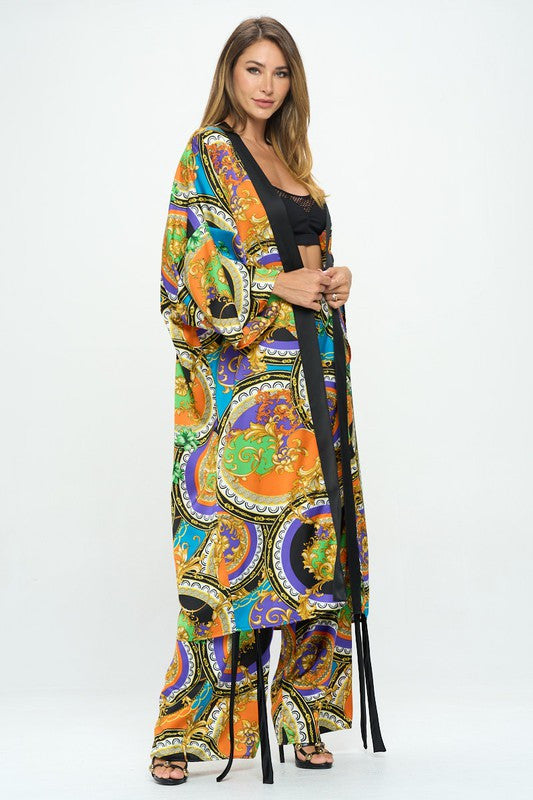 Stretch Satin Print Long Kimono Cardigan