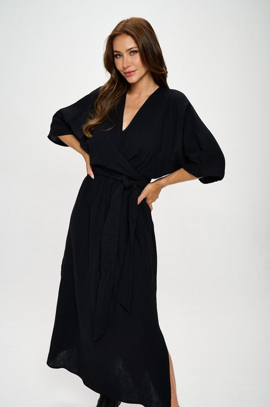 Solid Kimono Style Maxi Dress with Tie