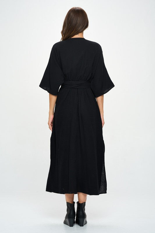 Solid Kimono Style Maxi Dress with Tie