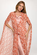 Print Sheer Draped Long Kimono Cardigan with Front Tie-0