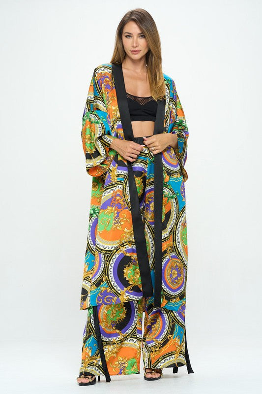 Stretch Satin Print Long Kimono Cardigan